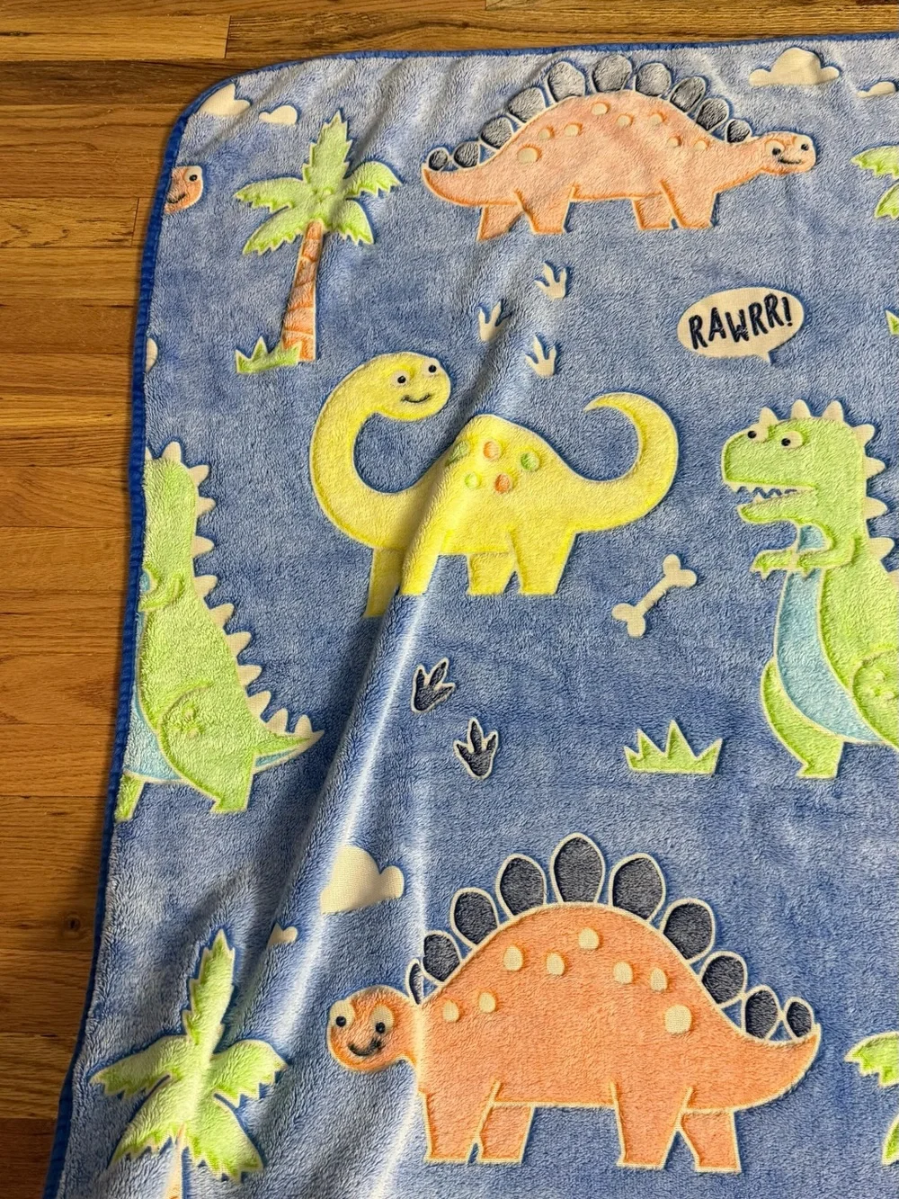 Cute Dino Baby Blanket -  Yellow, Green & Orange Dinosaurs GLOW IN THE DARK